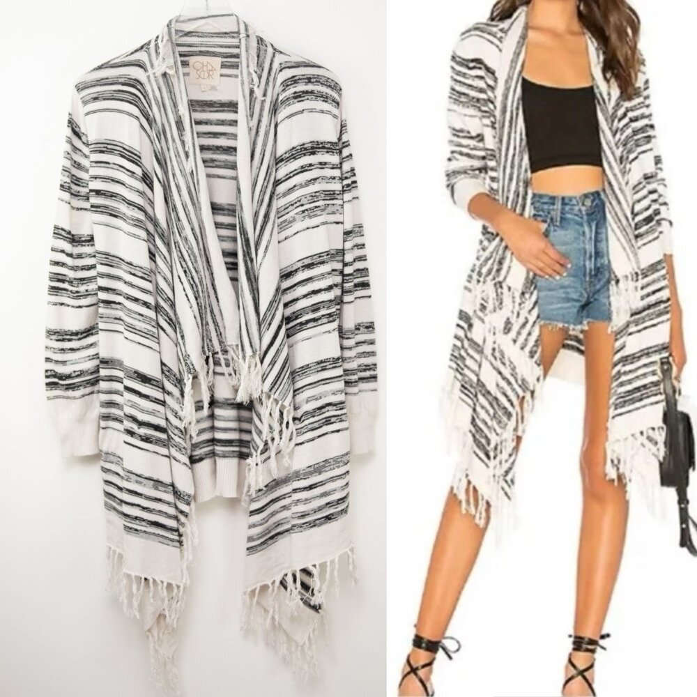 Chaser Cardigan Fringe Trim Drape Front Long Sleeve Cream Black Grey Size Small
